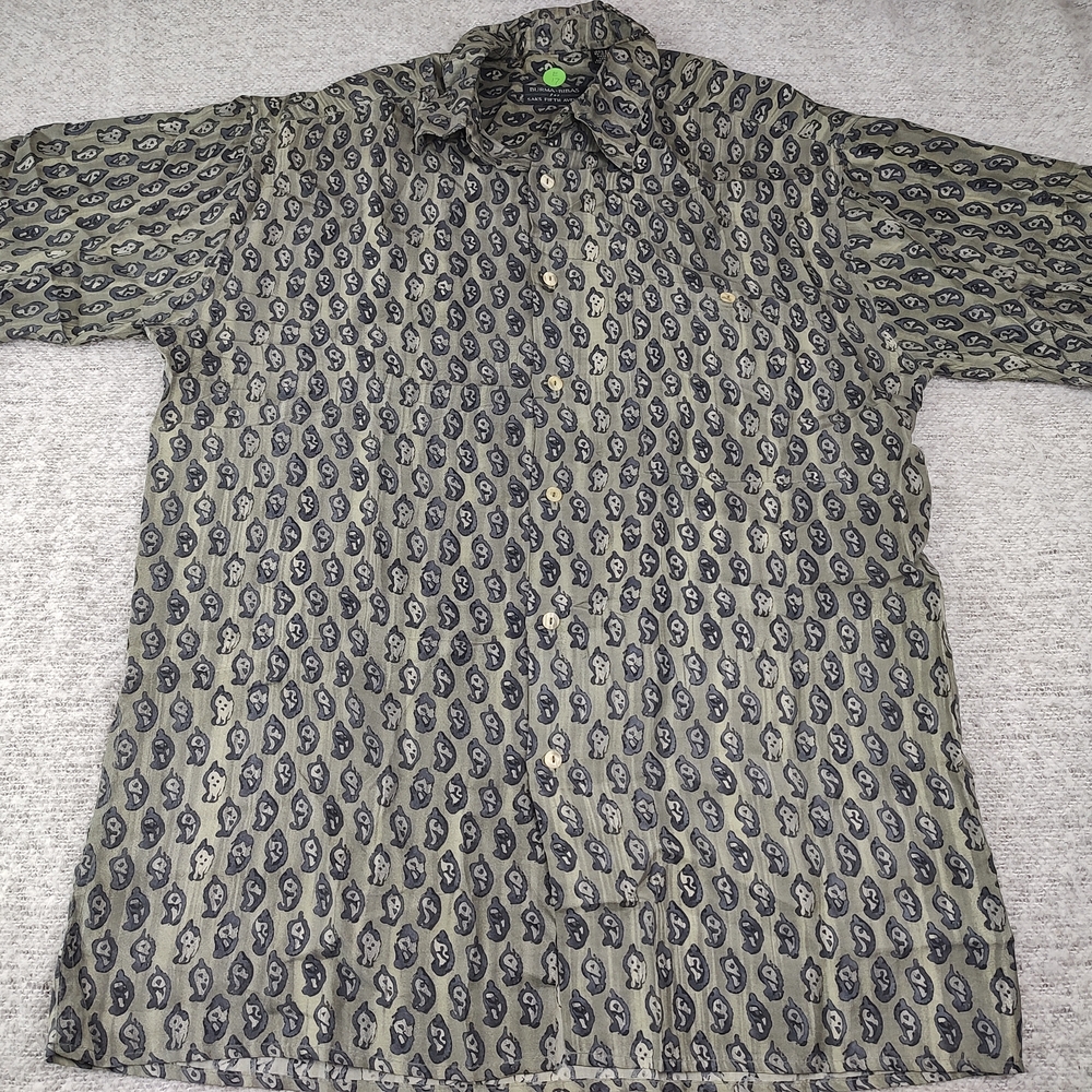 Burma Bieber Sucks Avenue 100% Silk Men Green Patterned Button-Up Shirt Medium